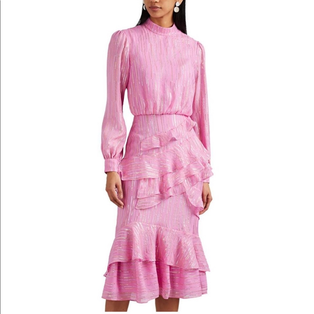 Saloni Isa Ruffle Midi silk blend dress in pink
